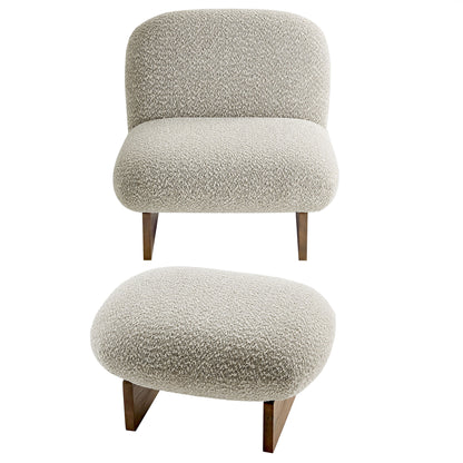 Beige boucle lounge chair with rounded back & seat and matching oval ottoman on walnut wooden legs.