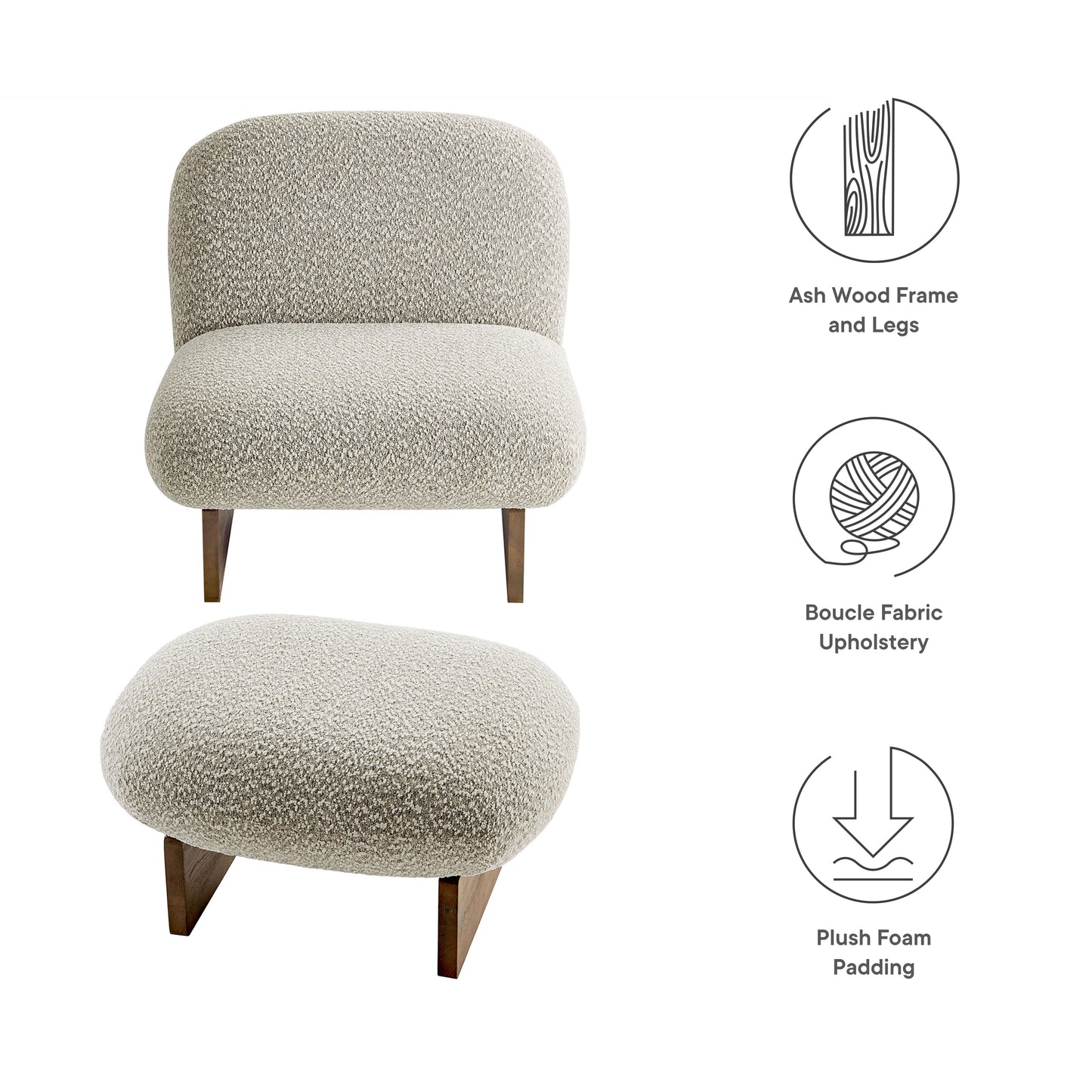 Brown boucle fabric accent chair and matching ottoman set with walnut wood frame and legs; plush foam padding