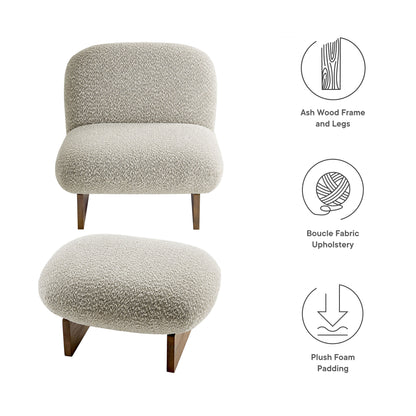 Brown boucle fabric accent chair and matching ottoman set with walnut wood frame and legs; plush foam padding