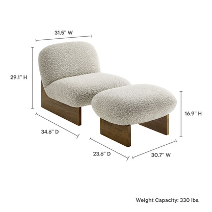 Brown boucle fabric accent chair and ottoman on walnut wood base, low-profile mid-century modern set.