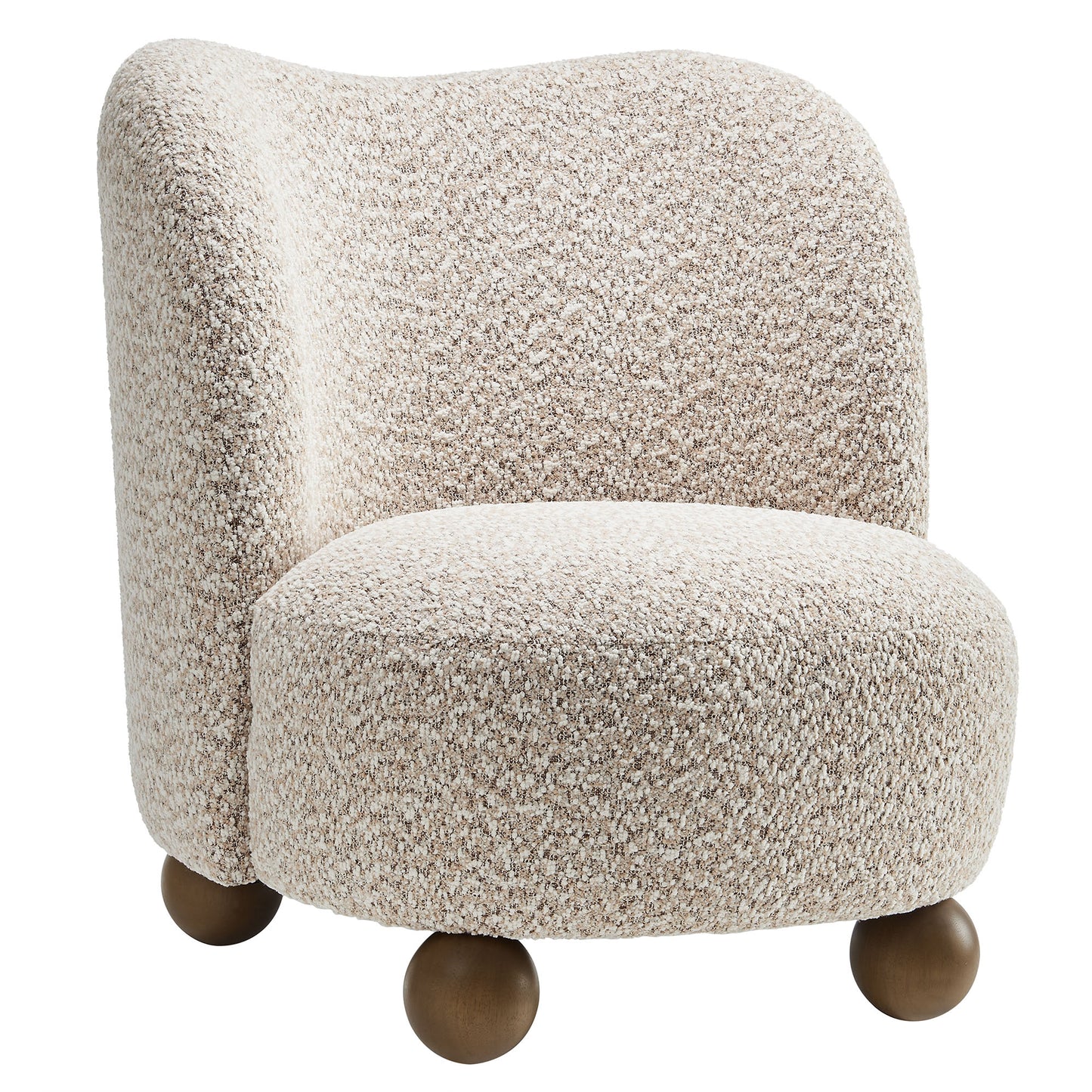 Beige boucle upholstered accent chair with curved back, rounded seat and four brown wooden ball feet.
