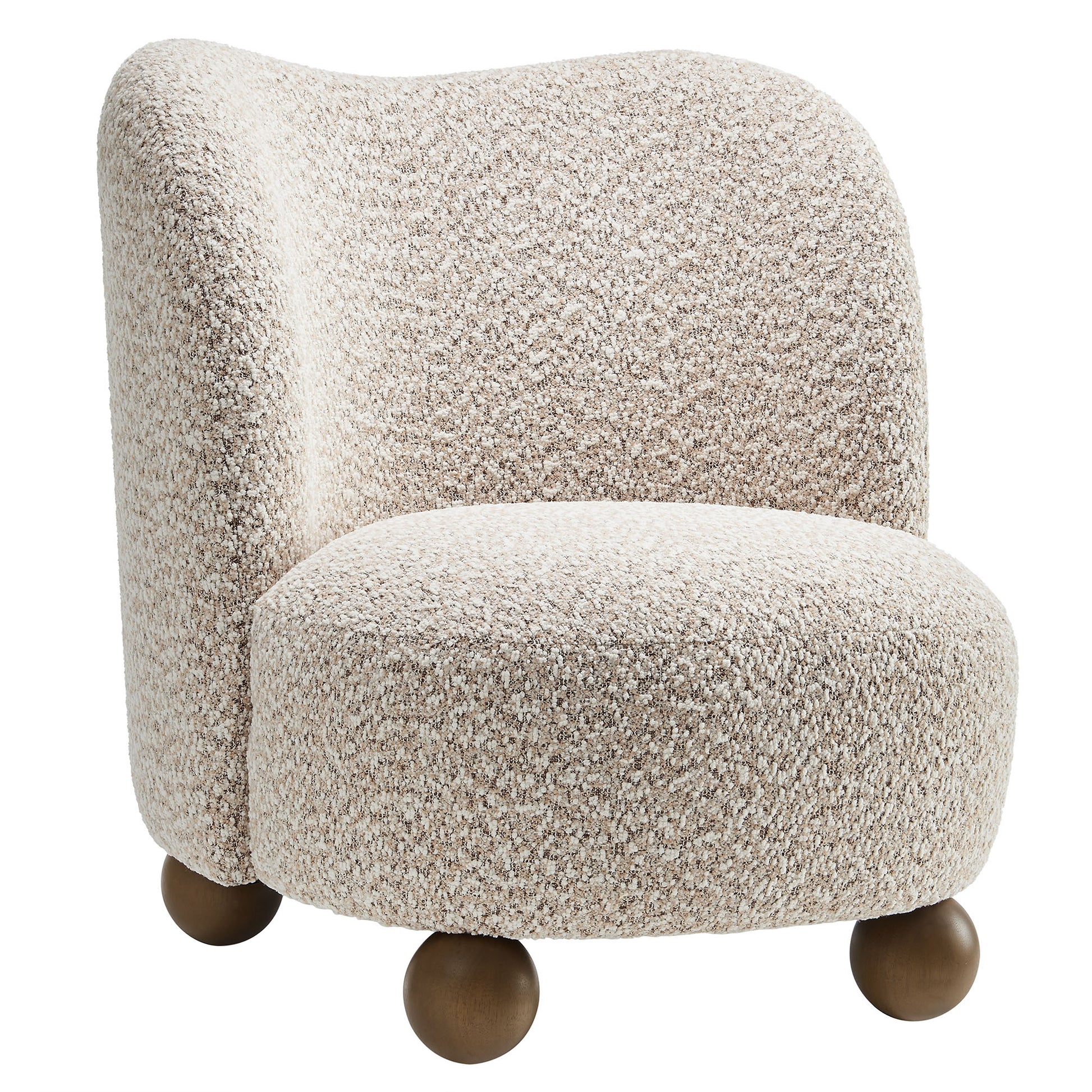 Beige boucle upholstered accent chair with curved back, rounded seat and four brown wooden ball feet.