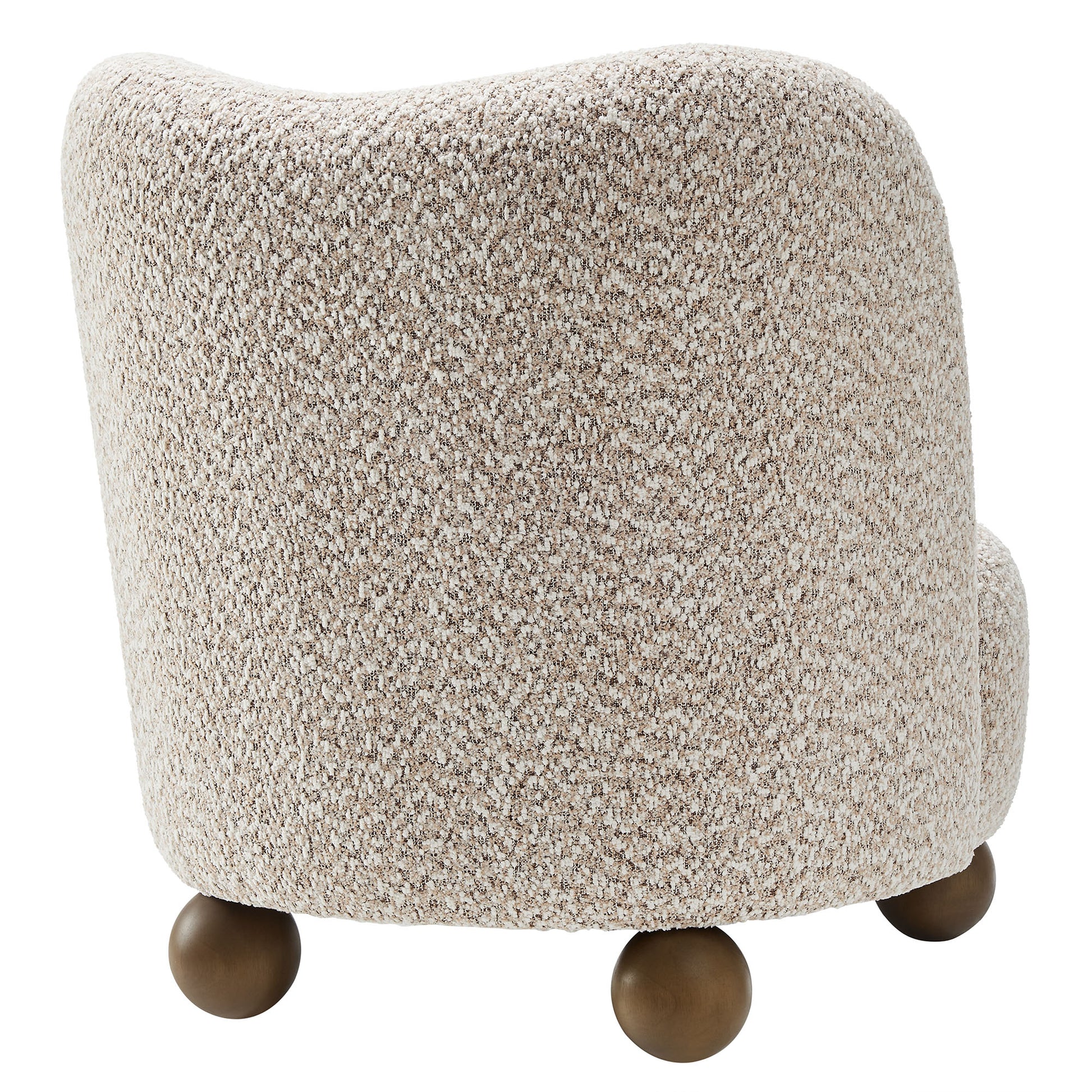 Brown boucle fabric accent chair with curved back and dark wood ball feet.