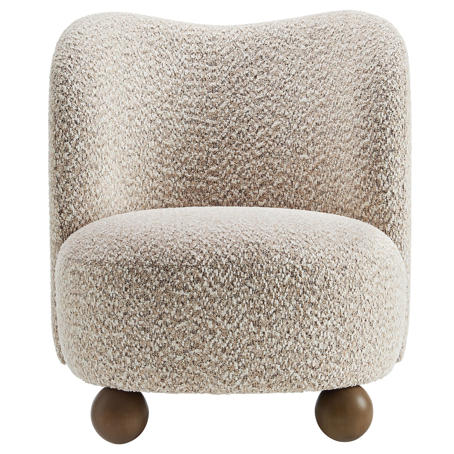 Brown boucle accent chair with a rounded back and cushioned seat on dark wood ball feet.