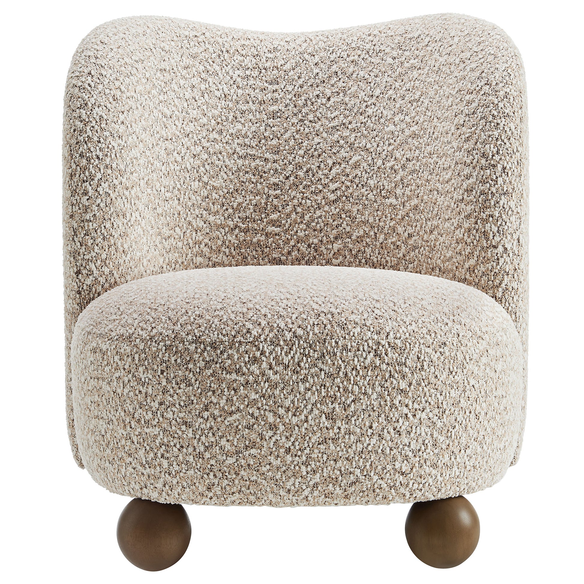 Brown boucle accent chair with a rounded back and cushioned seat on dark wood ball feet.