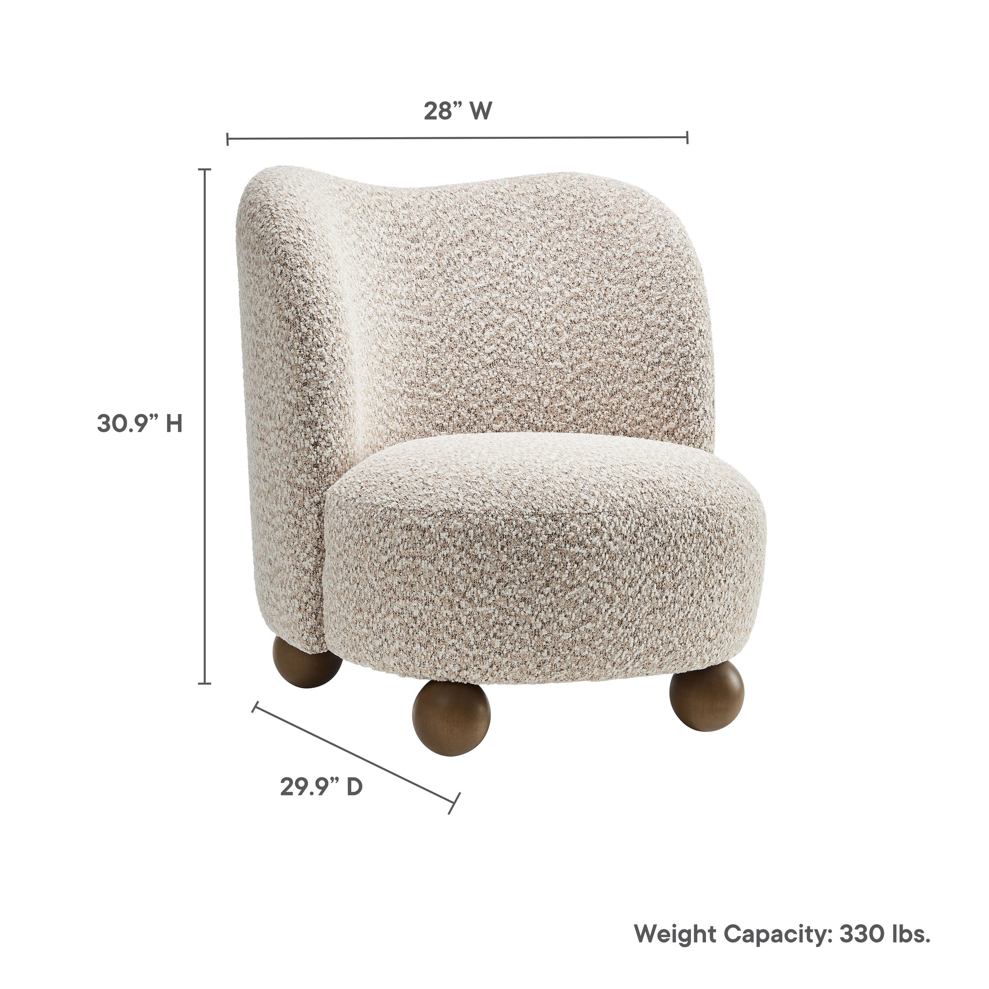 Brown boucle fabric accent chair with rounded back and plush seat, wooden ball feet; mid-century style for living spaces.