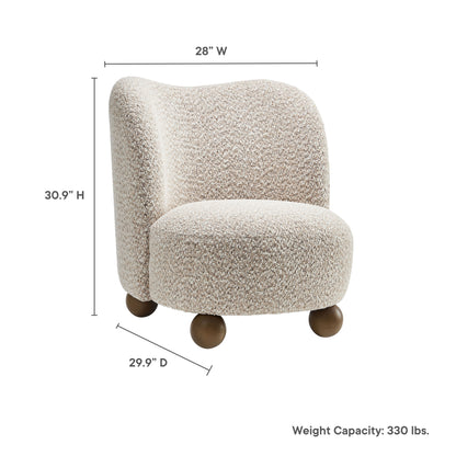 Brown boucle fabric accent chair with rounded back and plush seat, wooden ball feet; mid-century style for living spaces.