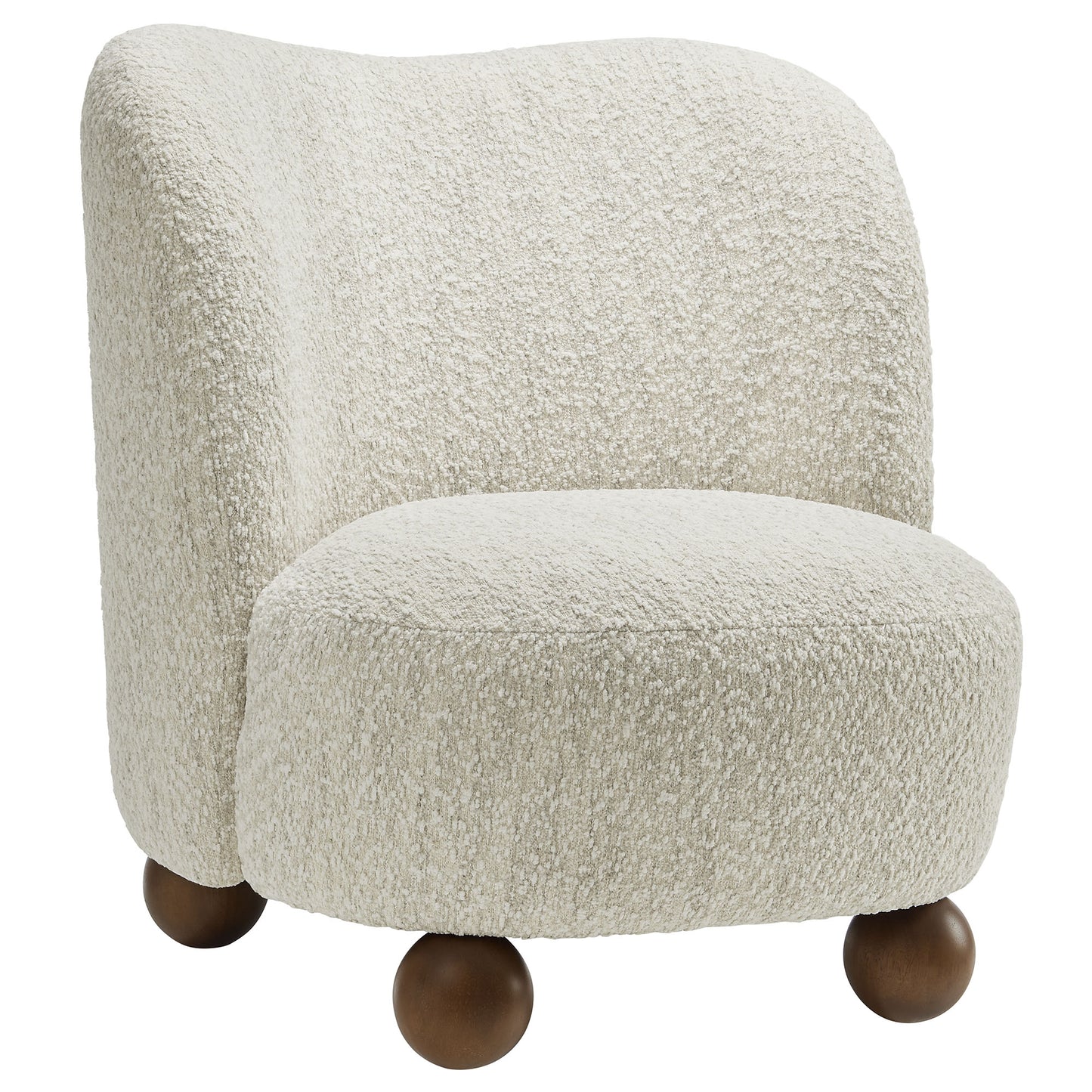 Brown boucle fabric accent chair with curved back and rounded seat on dark wooden ball legs.