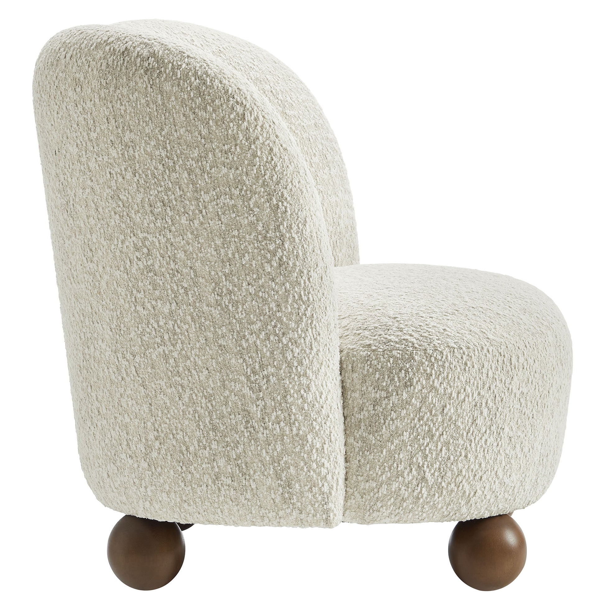 Brown boucle fabric accent chair with rounded back, plush seat, and walnut ball feet.
