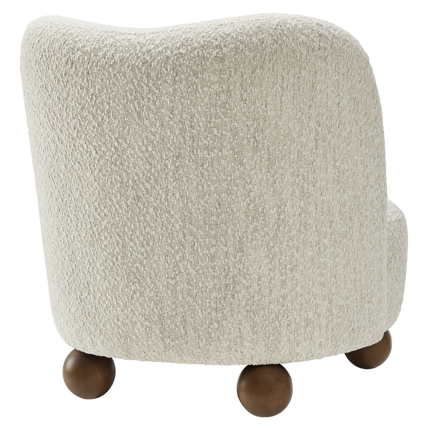 Brown boucle fabric accent chair with rounded back and walnut wood ball feet.