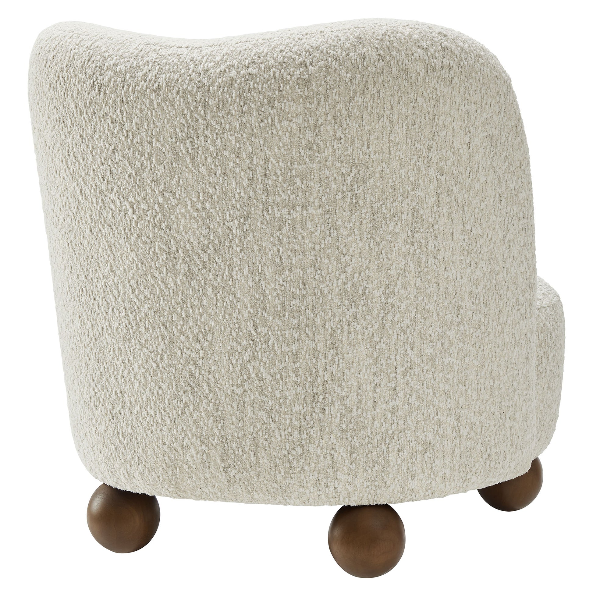 Brown boucle fabric accent chair with rounded back and walnut wood ball feet.