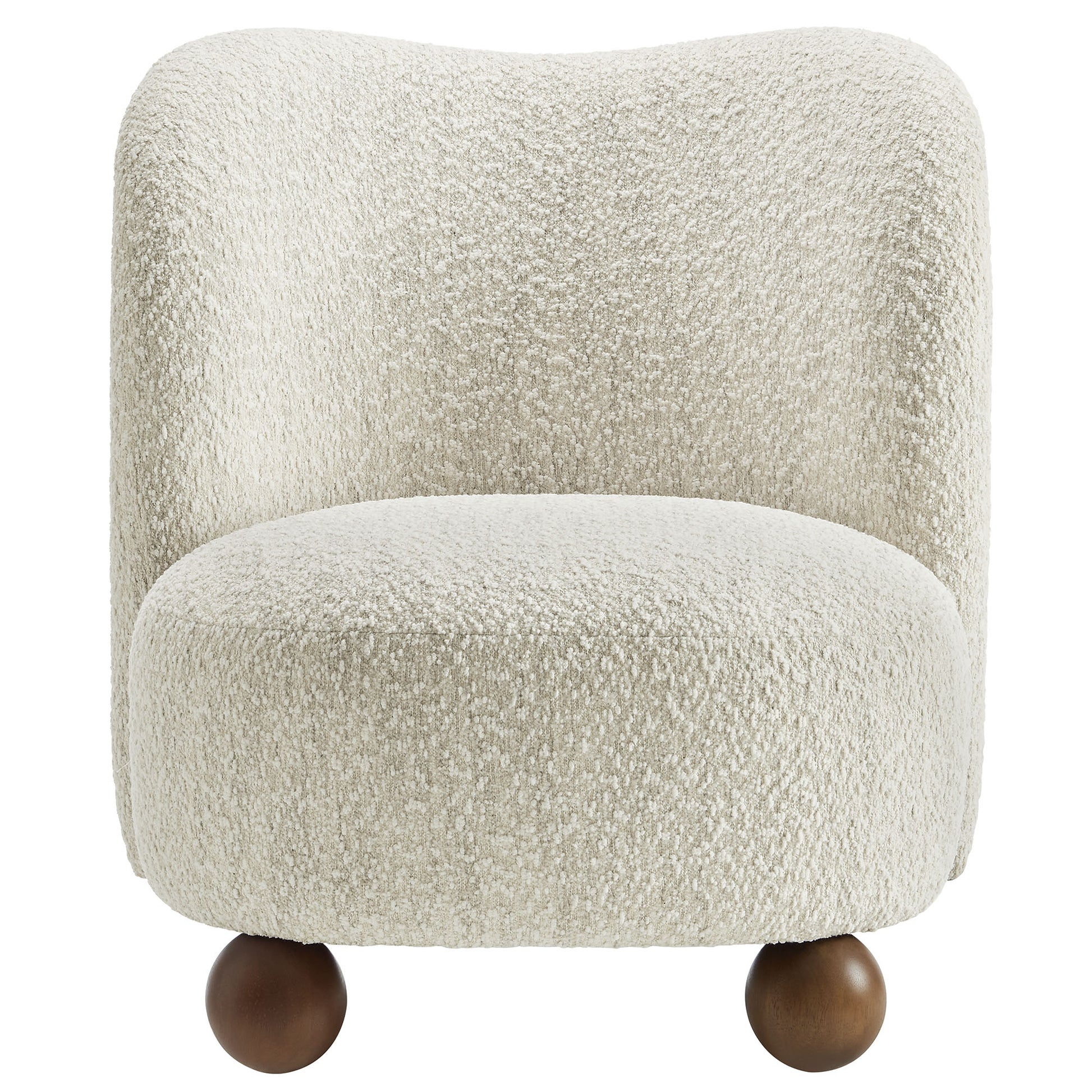 Brown boucle fabric barrel chair with rounded back and seat on walnut ball legs.
