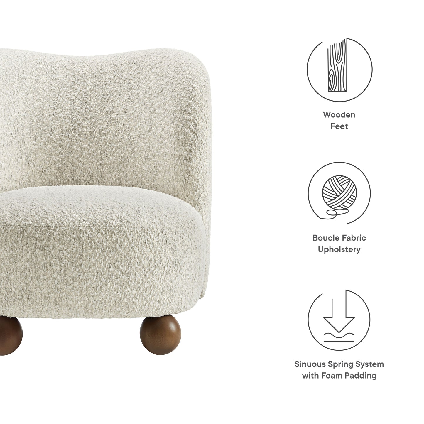 Brown boucle fabric accent chair with curved back and rounded wooden feet, mid-century style seating.