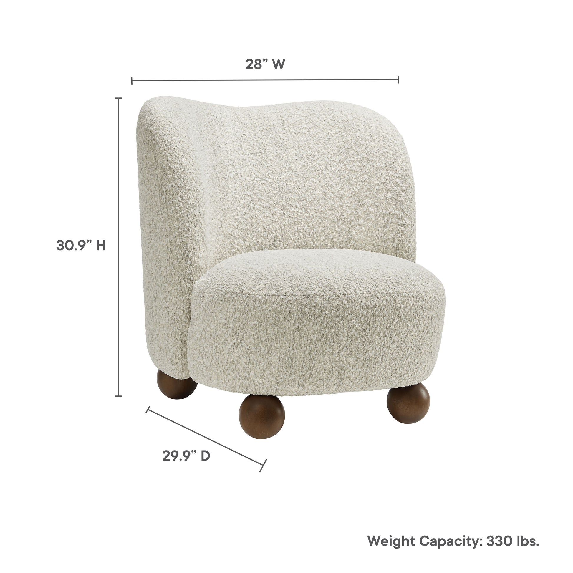 Brown boucle fabric accent chair with rounded back and seat, wood ball feet; 28"W x 30.9"H x 29.9"D, 330 lb weight capacity.