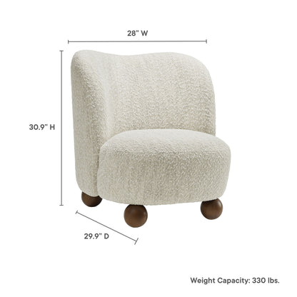 Brown boucle fabric accent chair with rounded back and seat, wood ball feet; 28"W x 30.9"H x 29.9"D, 330 lb weight capacity.
