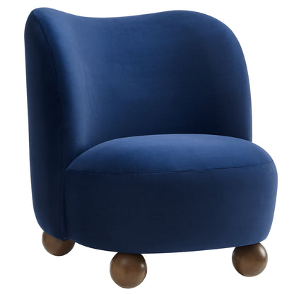 Brown velvet upholstered accent chair with rounded back and seat, natural wooden ball feet.