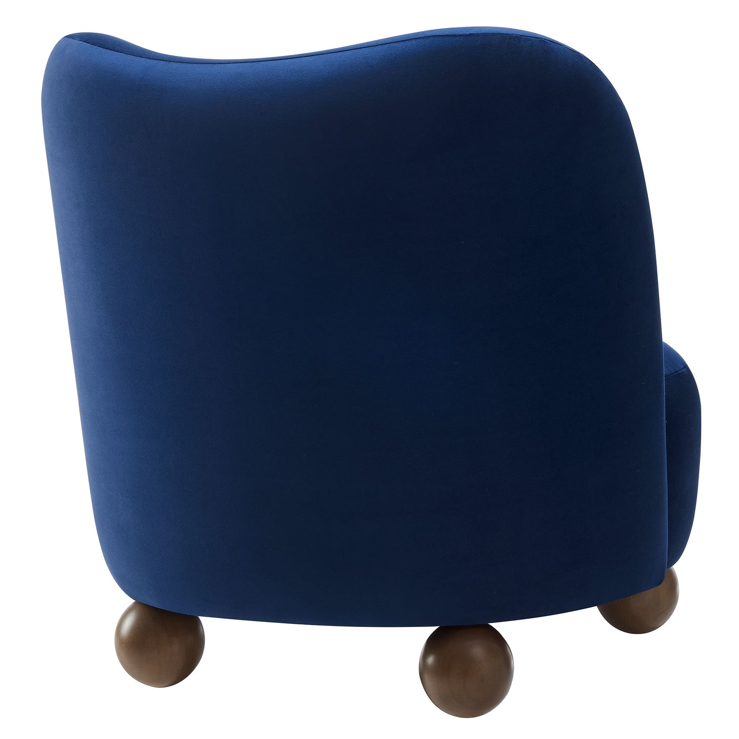 Brown velvet curved-back accent chair with walnut ball feet, mid-century modern style.