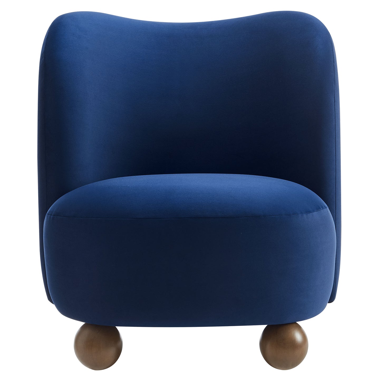 Brown velvet accent chair with curved back and rounded cushioned seat on wooden ball feet.