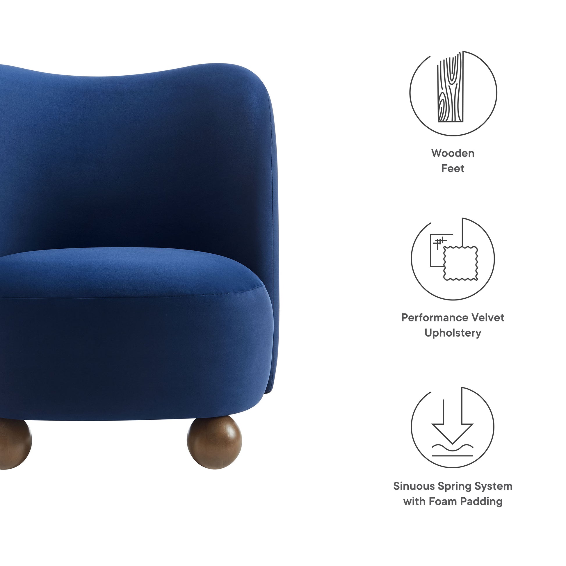 Brown velvet accent chair with curved back & wooden ball feet; performance velvet upholstery with foam-padded sinuous springs.