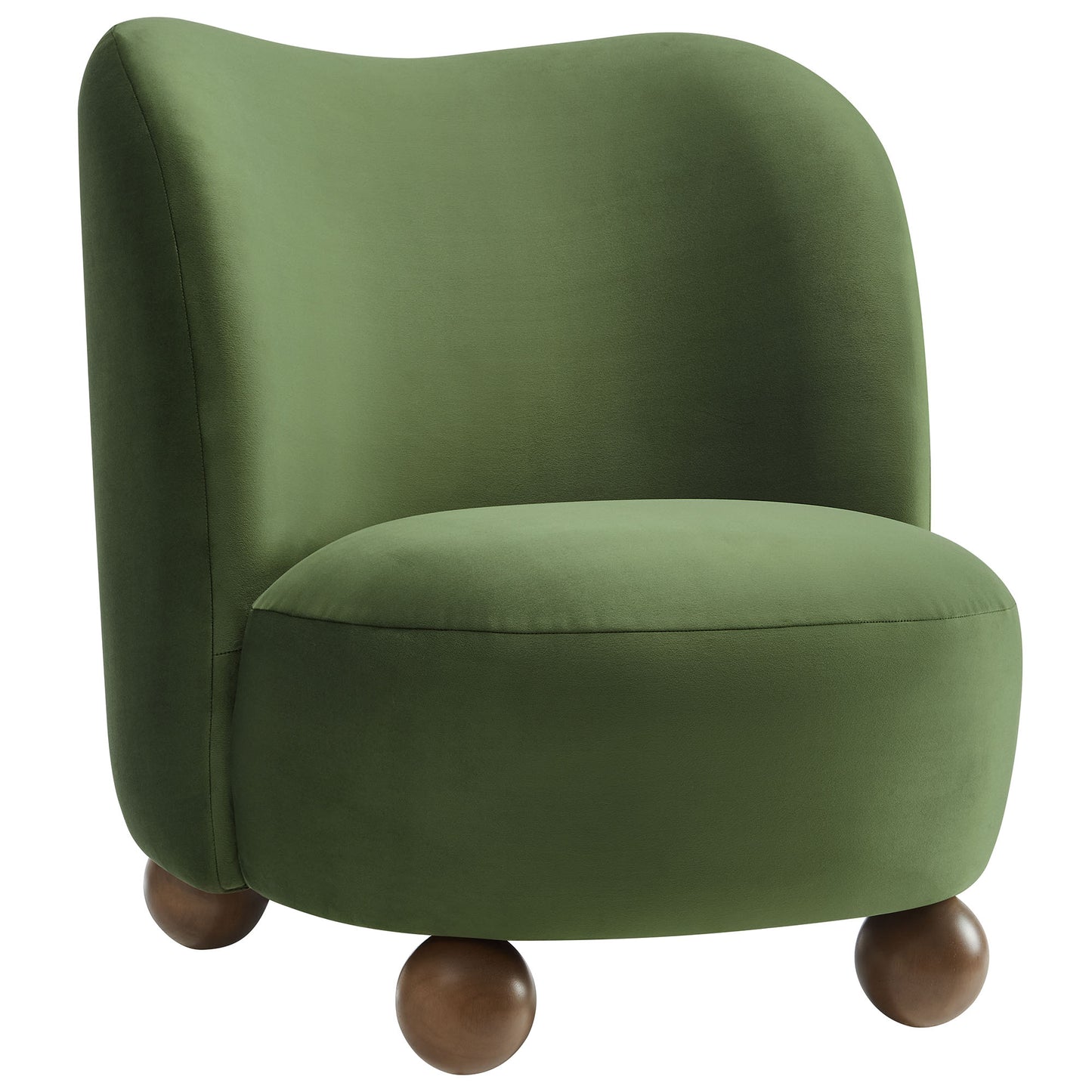 Brown velvet round accent chair with curved back and walnut wood ball feet