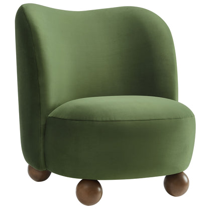 Brown velvet round accent chair with curved back and walnut wood ball feet
