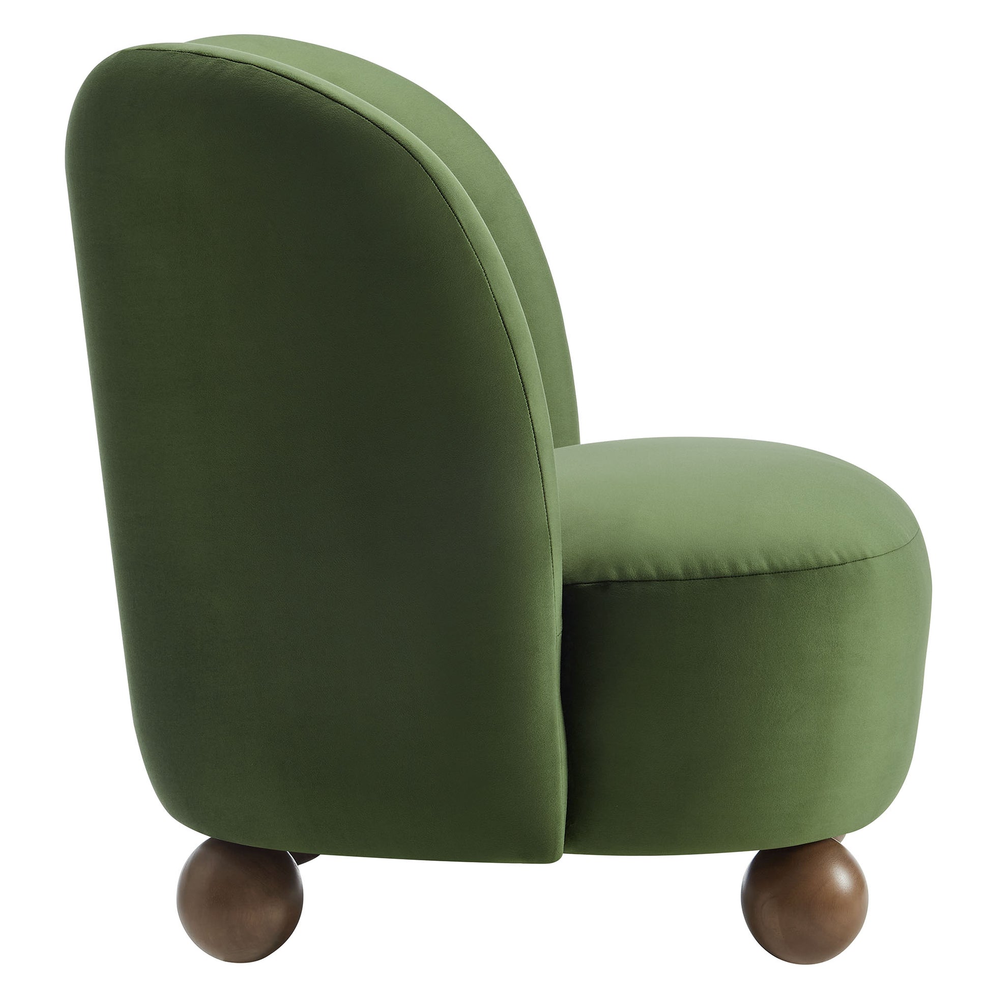 Brown velvet accent chair with curved back, rounded seat and walnut ball feet.