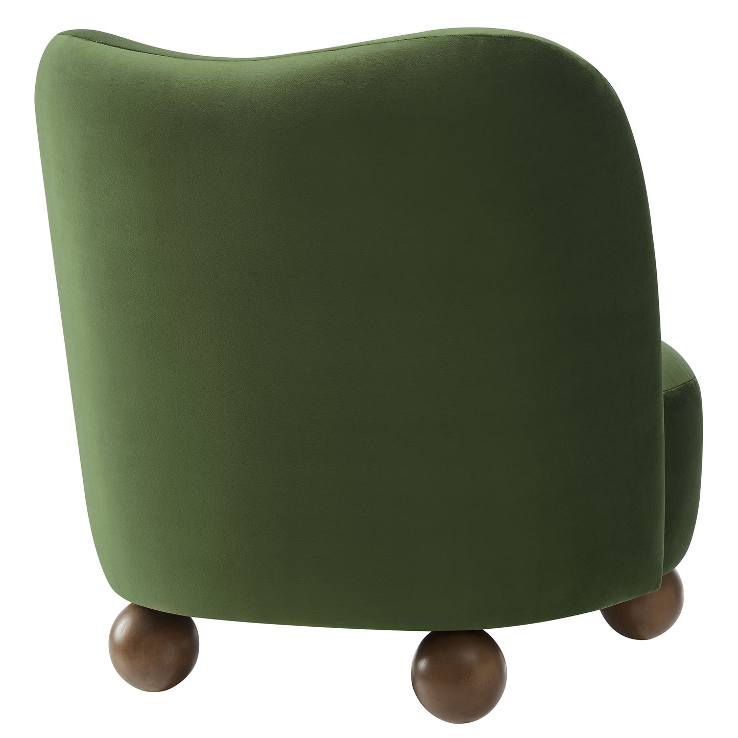 Brown velvet accent chair with rounded back and walnut ball feet.