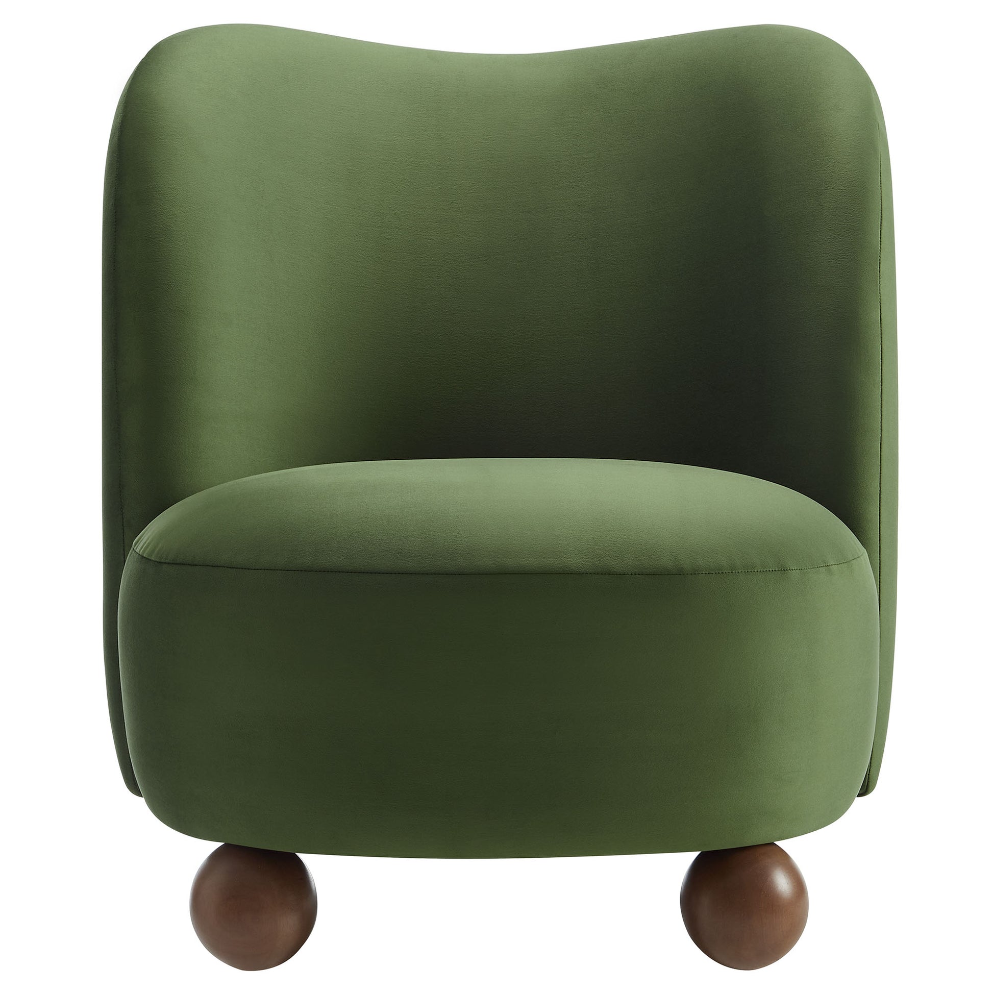 Brown velvet accent chair with plush rounded back, roomy seat and walnut spherical legs.
