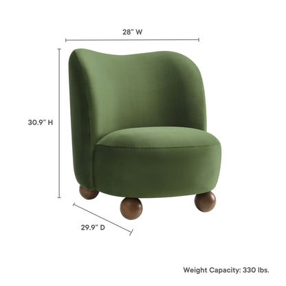 Brown velvet accent barrel chair with curved back, rounded seat, walnut-finish wood ball legs; modern lounge seating.