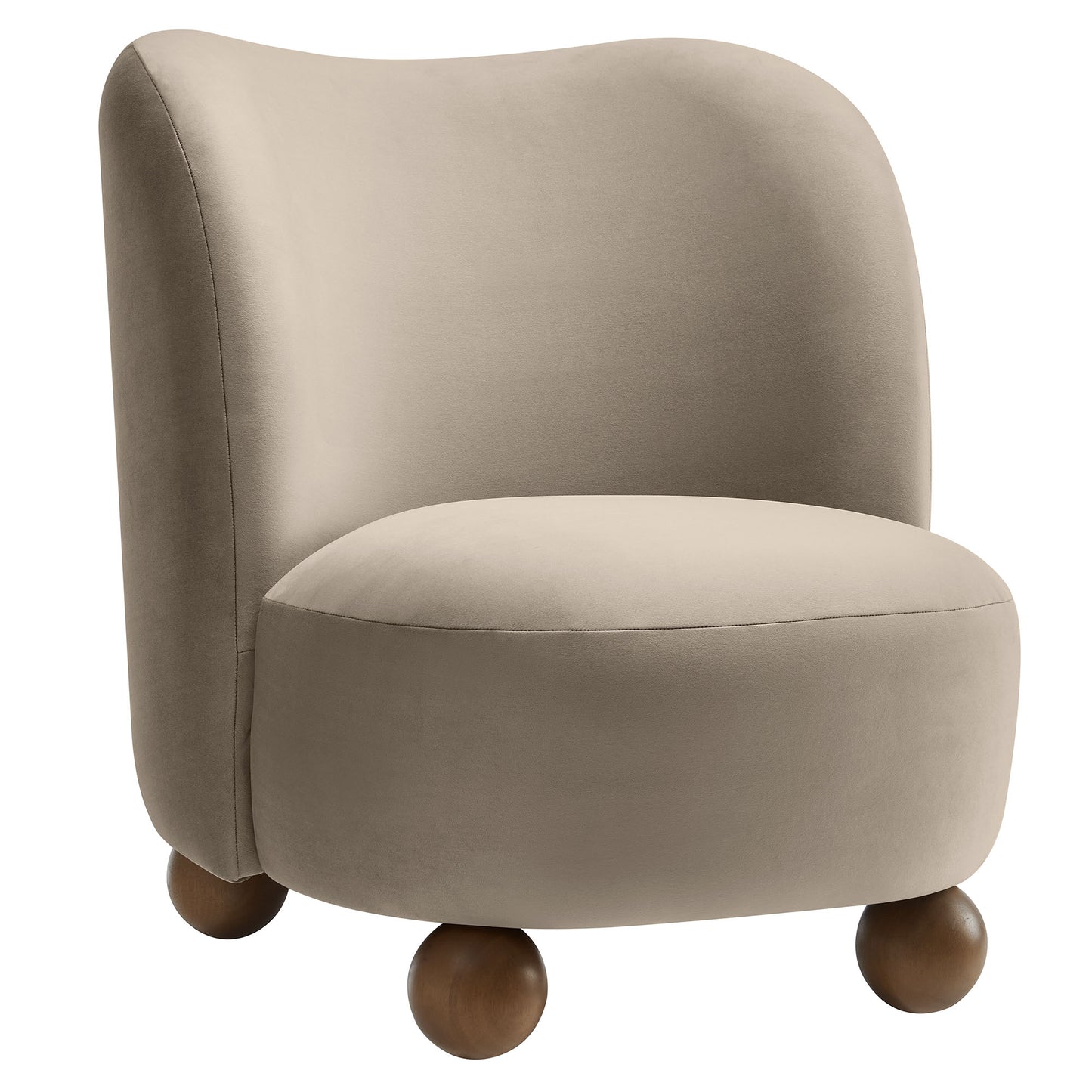 Taupe velvet-like upholstered accent chair with rounded seat, curved back and walnut ball feet.
