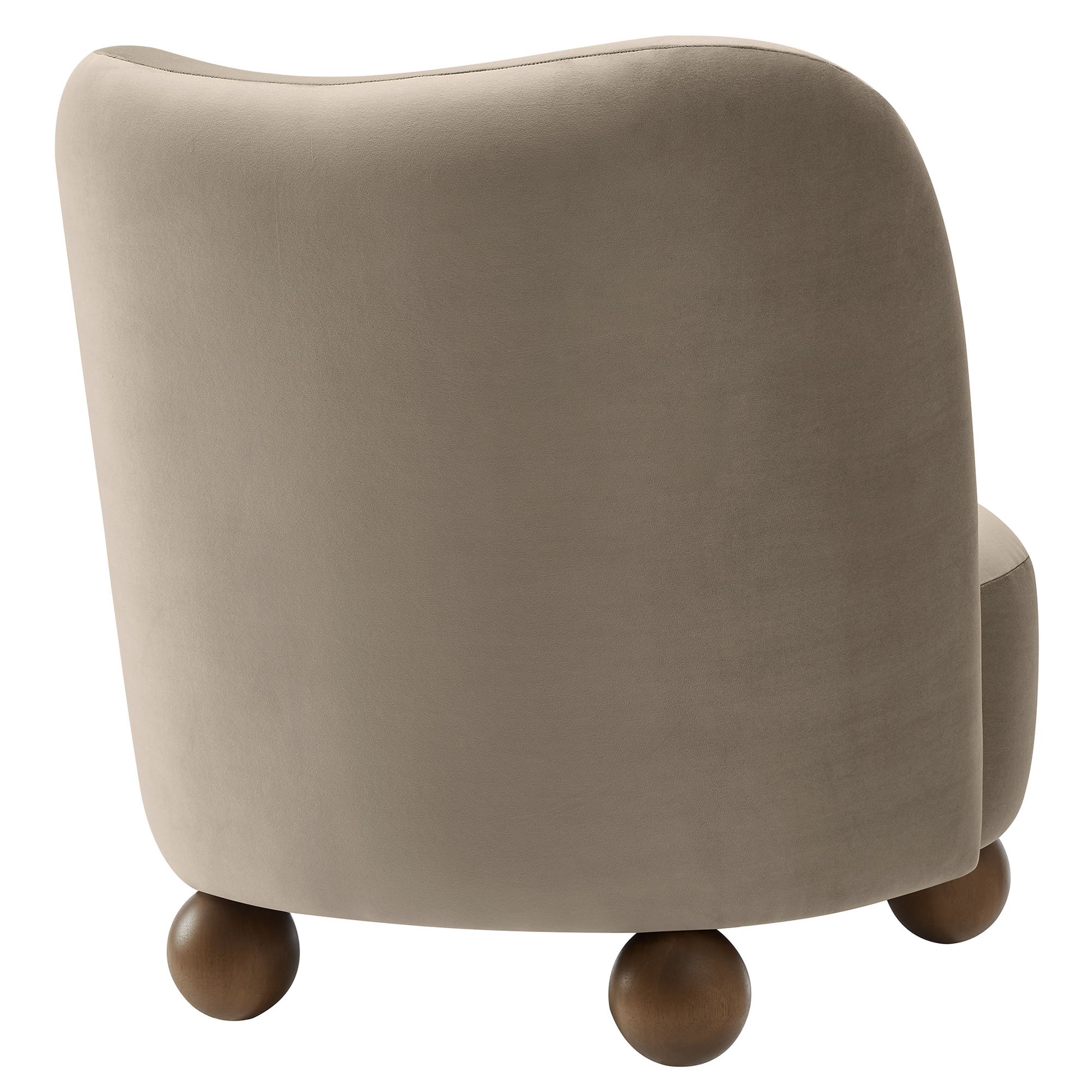 Taupe velvet accent chair with rounded back & walnut wood ball feet.