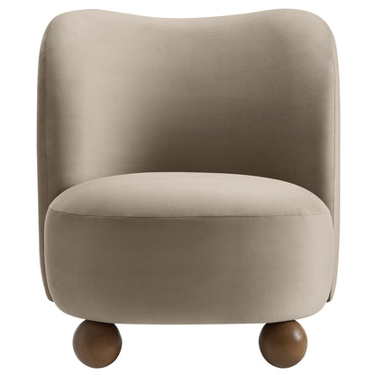 Taupe velvet accent chair with rounded back and seat on walnut ball legs.