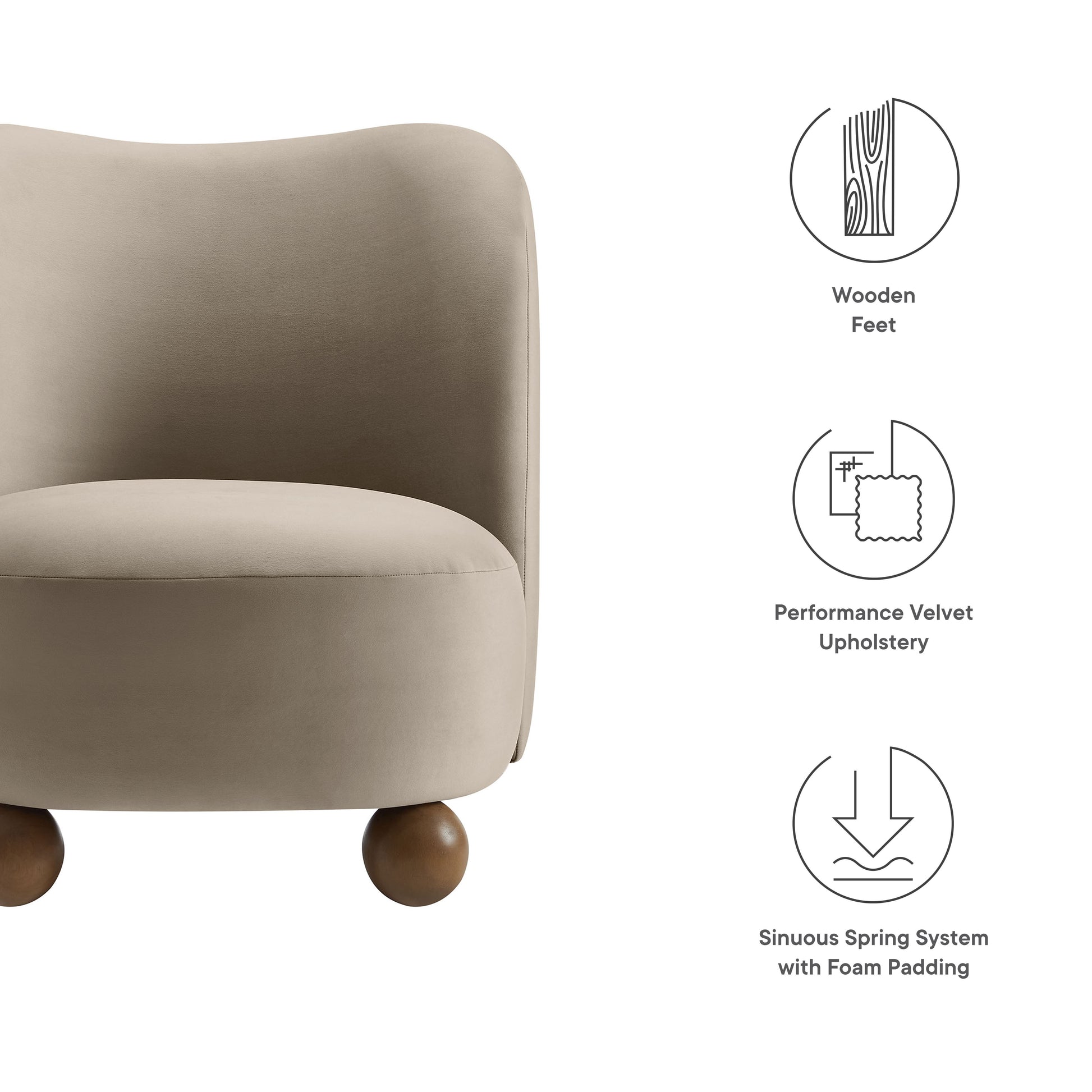Taupe performance velvet lounge chair with rounded back, wooden ball feet, foam-padded seat and sinuous spring system.