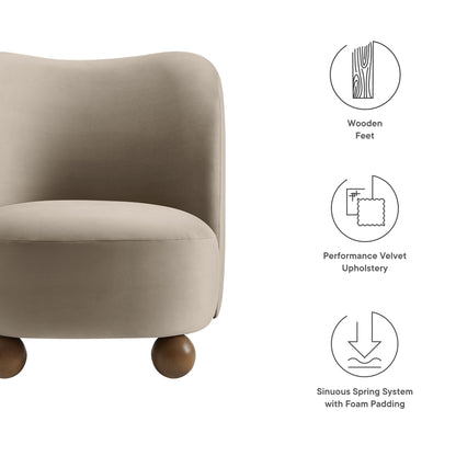 Taupe performance velvet lounge chair with rounded back, wooden ball feet, foam-padded seat and sinuous spring system.