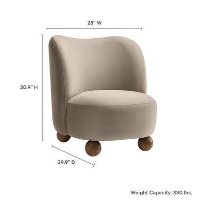 Taupe upholstered rounded accent chair with curved back, circular seat, and walnut ball legs.