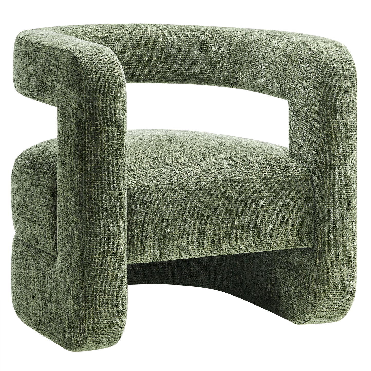 Green textured chenille accent chair with rounded, open-loop arms and cushioned seat for lounging.