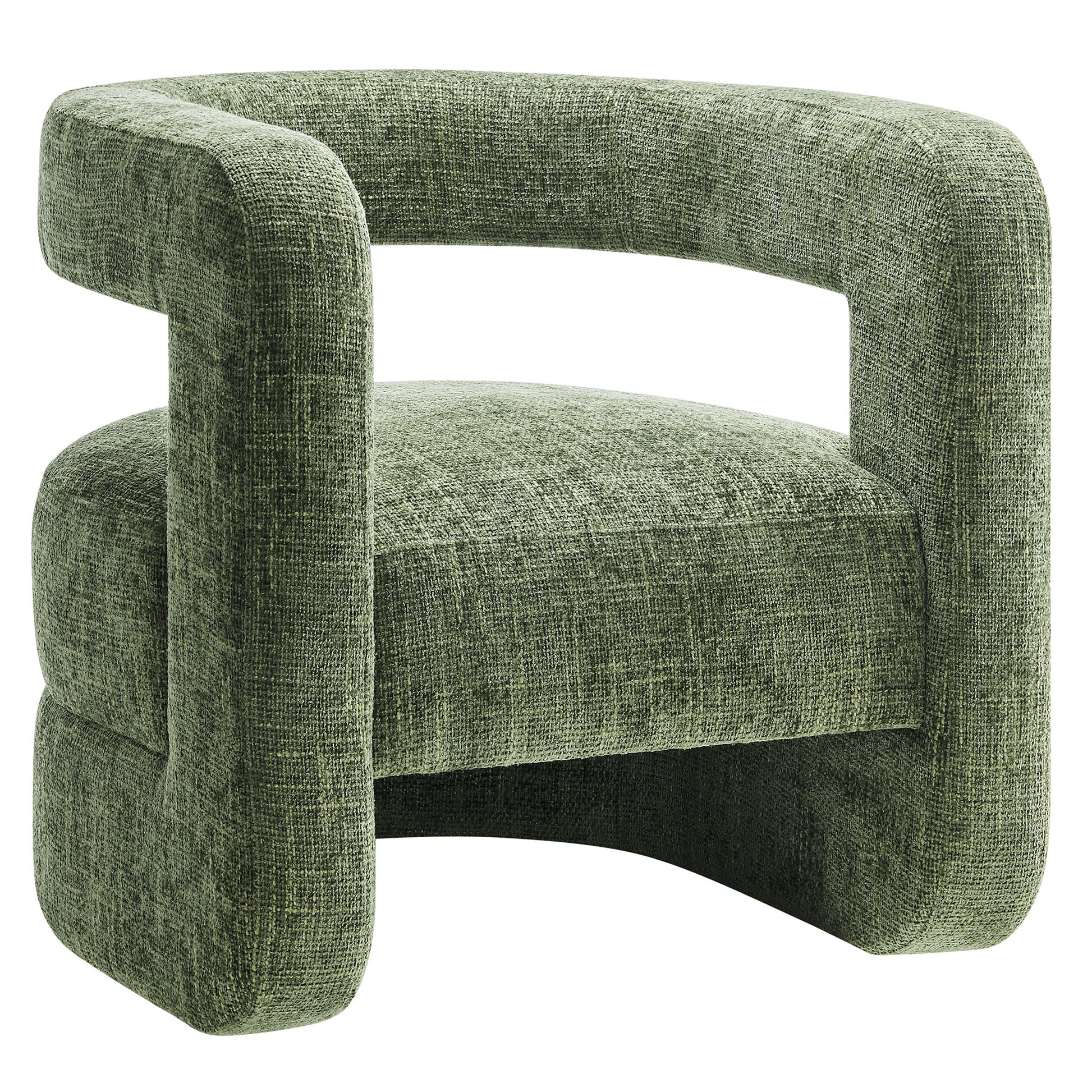 Green textured chenille accent chair with rounded, open-loop arms and cushioned seat for lounging.