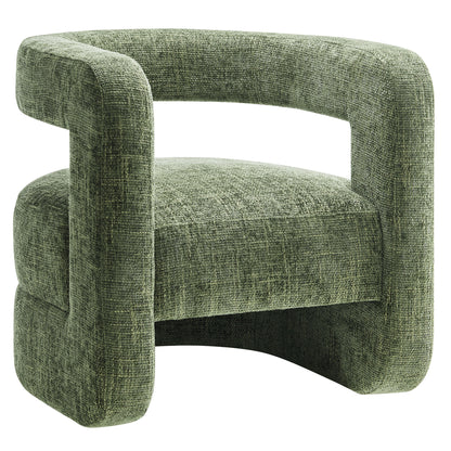 Green textured chenille accent chair with rounded, open-loop arms and cushioned seat for lounging.
