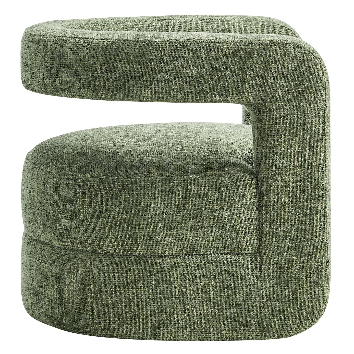 Green chenille upholstered accent chair with curved silhouette, wraparound arms, and rounded base.