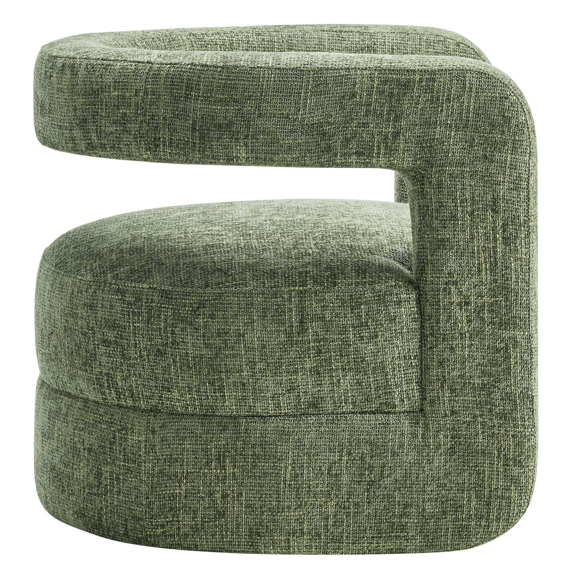 Green chenille upholstered accent chair with curved silhouette, wraparound arms, and rounded base.
