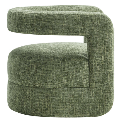 Green chenille upholstered accent chair with curved silhouette, wraparound arms, and rounded base.