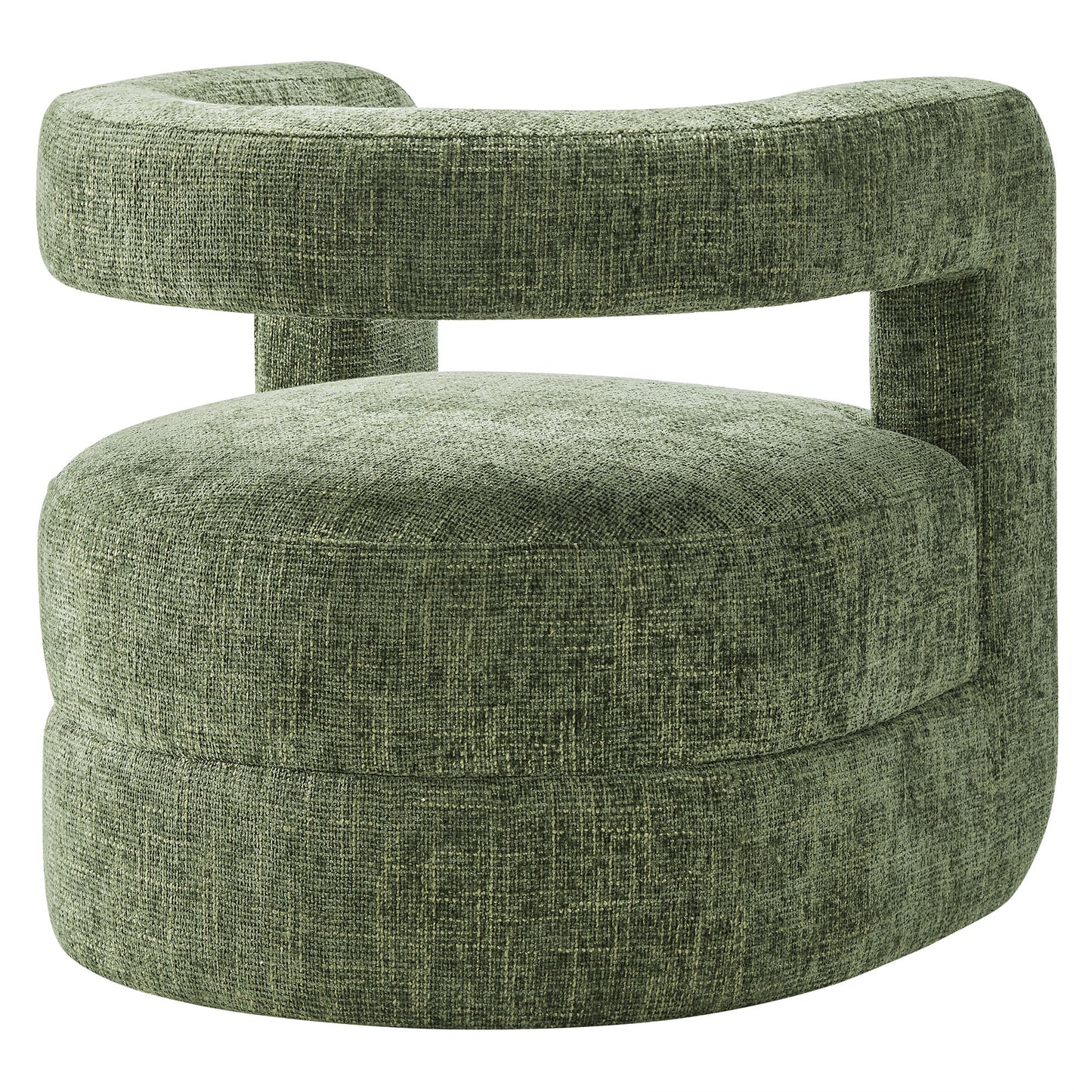 Green textured fabric curved barrel chair with wraparound backrest and circular seat cushion.