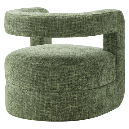 Green textured fabric curved barrel chair with wraparound backrest and circular seat cushion.