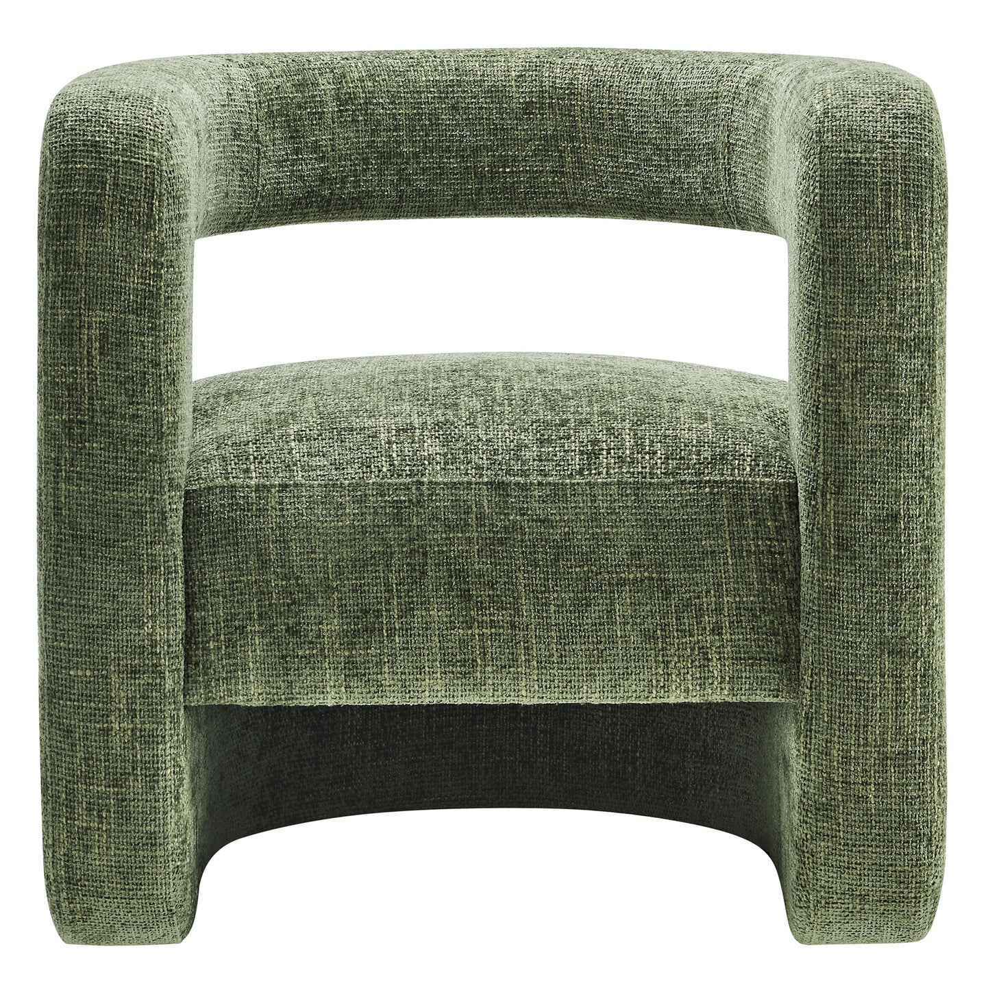 Green textured fabric accent chair with thick curved square arms and a plush seat cushion.