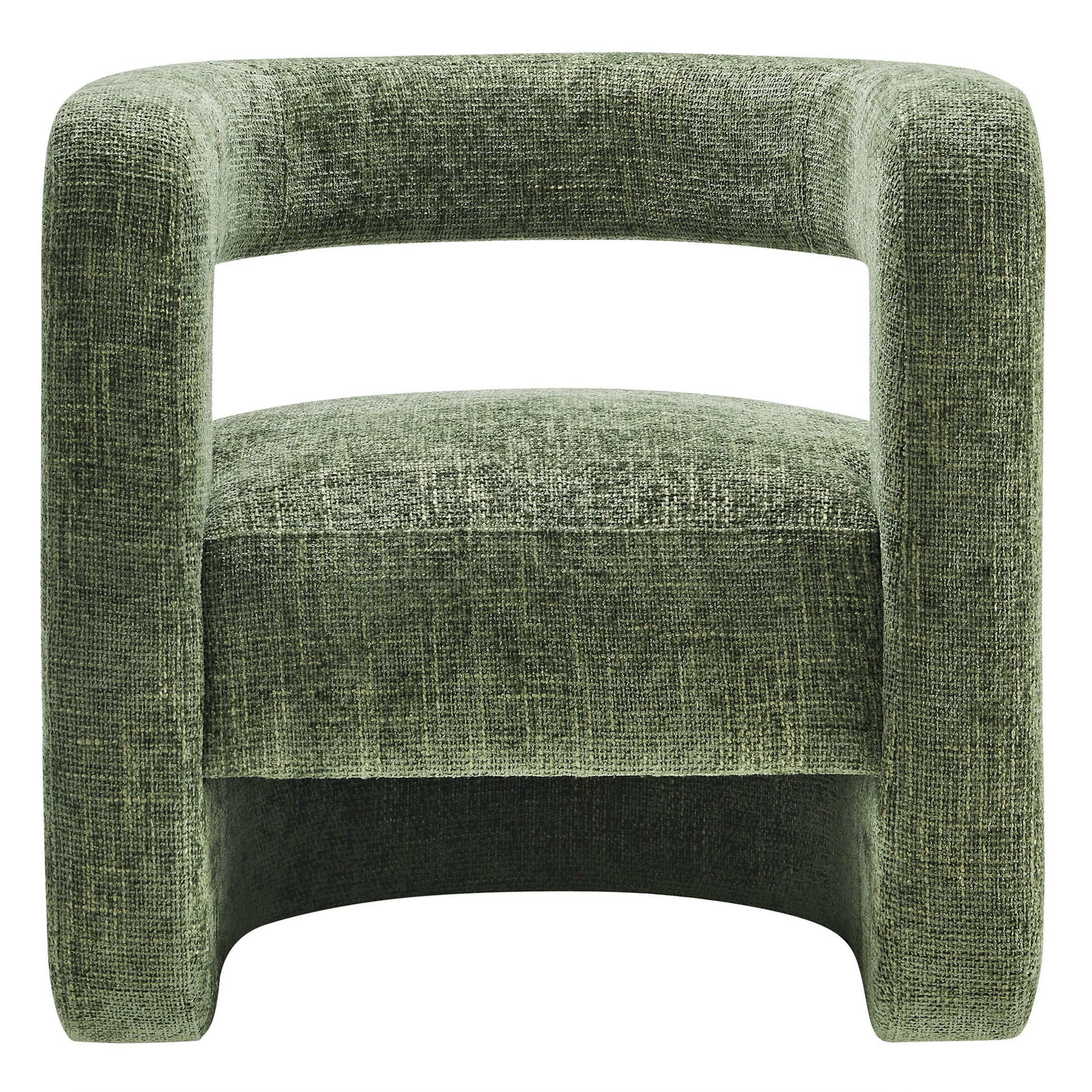 Green textured fabric accent chair with thick curved square arms and a plush seat cushion.
