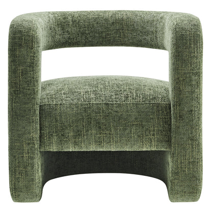 Green textured fabric accent chair with thick curved square arms and a plush seat cushion.