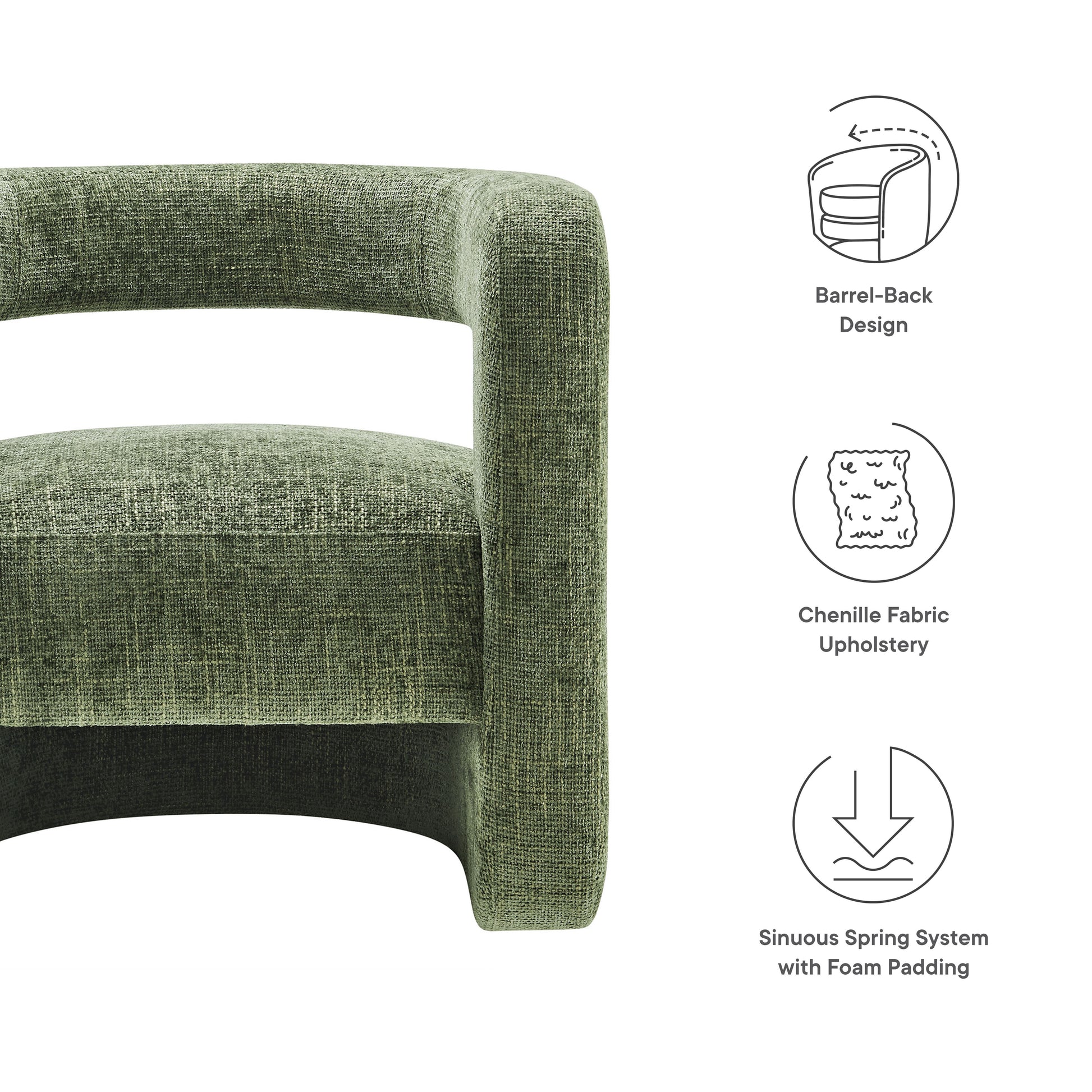 Green chenille fabric upholstered accent chair with barrel-back design and curved arm.