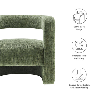 Green chenille fabric upholstered accent chair with barrel-back design and curved arm.