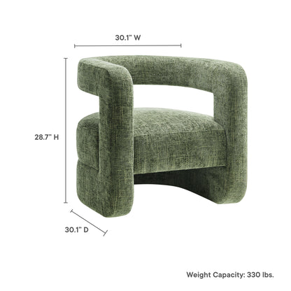 Green textured fabric accent chair with rounded tubular arms and open back, modern styling.