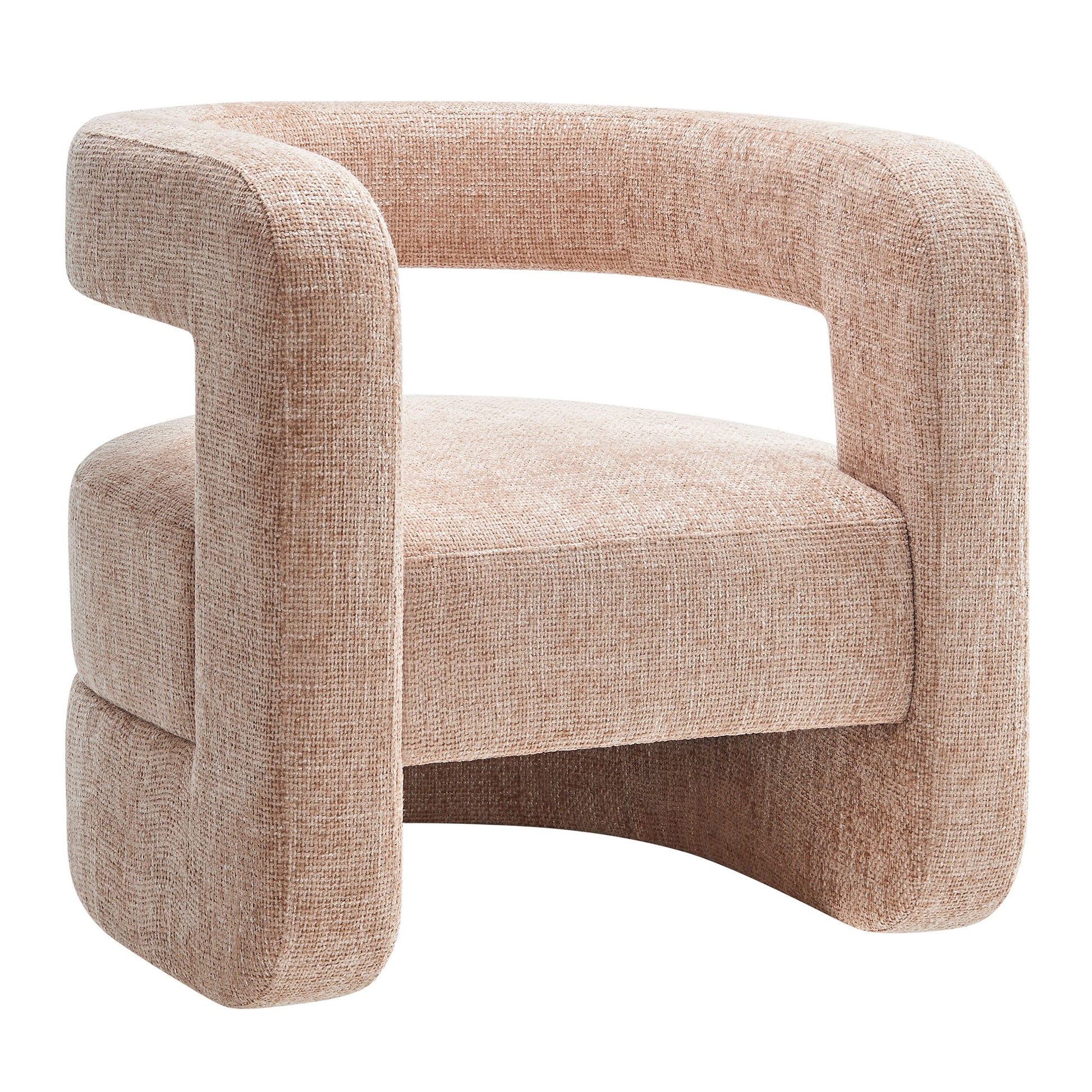 Brown chenille accent chair with curved wraparound arms and a single cushioned seat.
